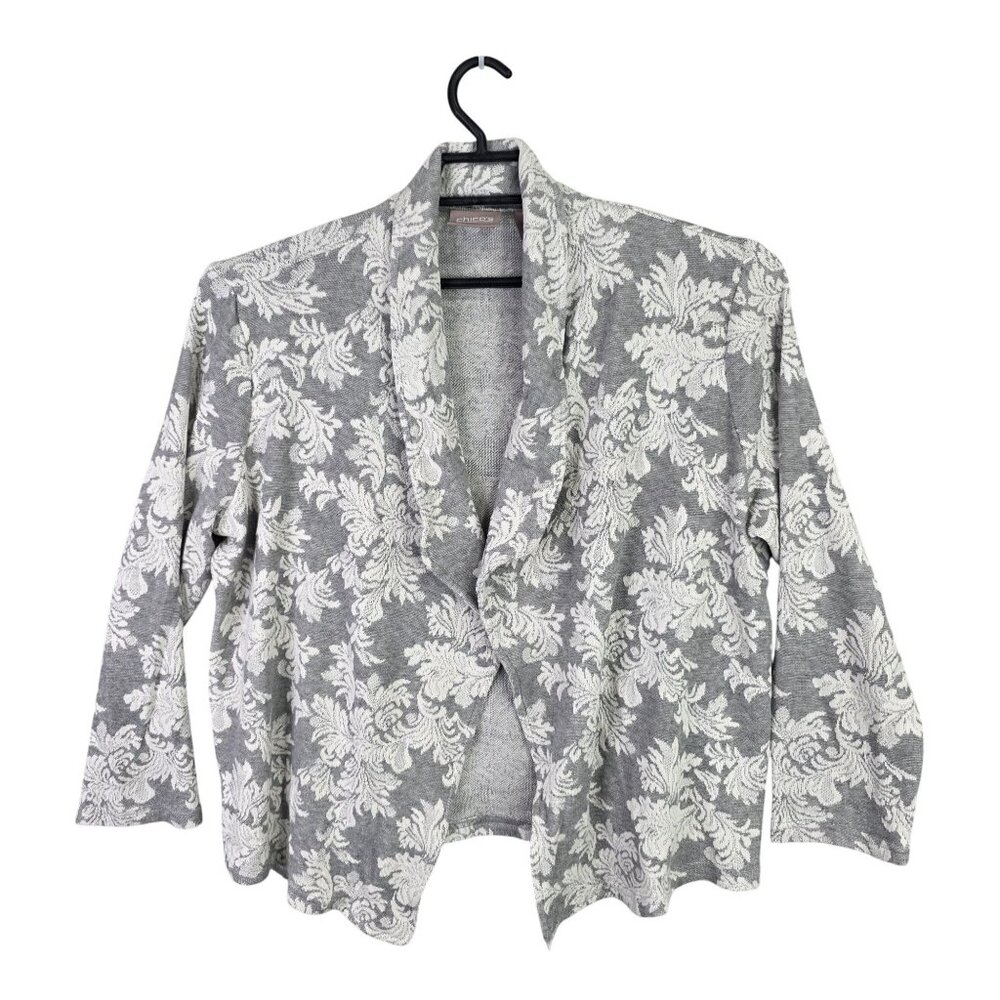 Womens Chicos Gray & White Floral Cardigan Sweater Open Front Polyester Blend 2